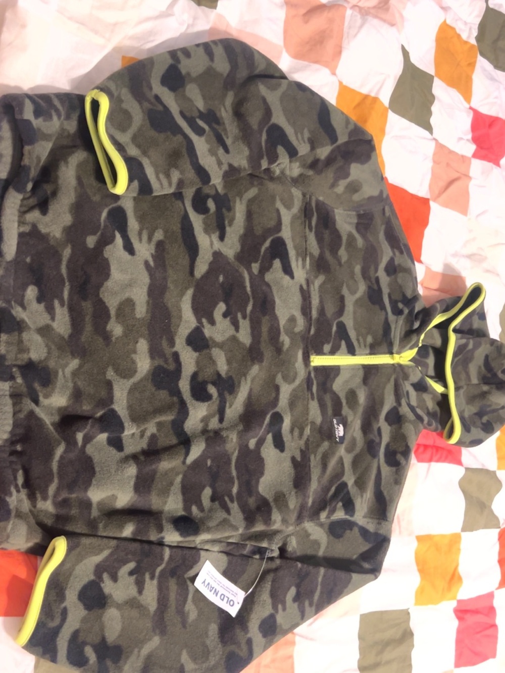 Old Navy Green Camouflage Fleece Hoodie with Neon Trim